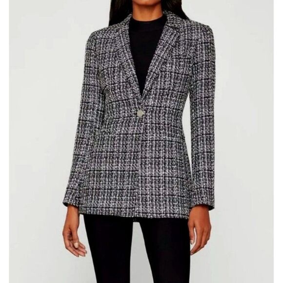 bcbg maxazria Black White Silver Metallic Tweed Long Sleeve Blazer Jacket Small - Picture 1 of 8